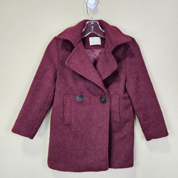 Zara Girls 9 Peacoat Burgundy Wool Mohair Alpaca Preppy Winter Coat EU 134cm - Picture 1 of 15